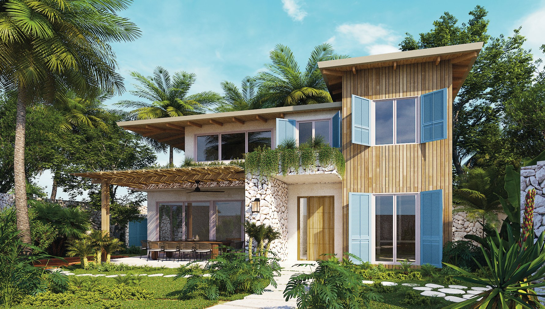 Aguas Pacíficas architectural rendering of a tropical casita and garden