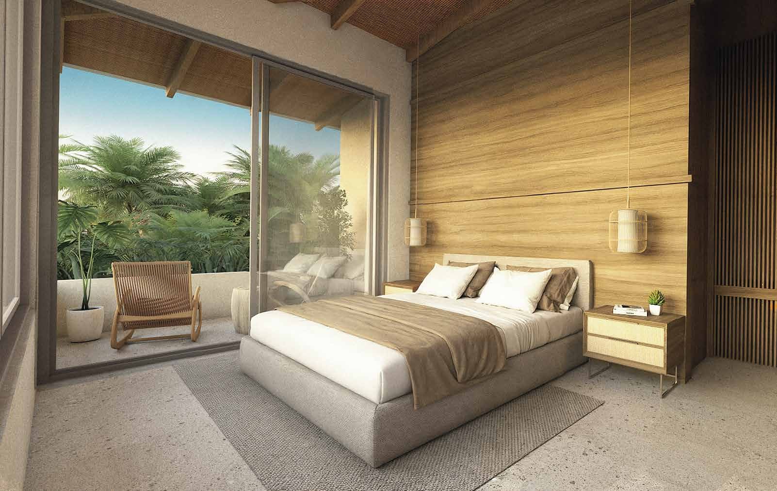 Project interior design concept: a bedroom opening to a shaded terrace