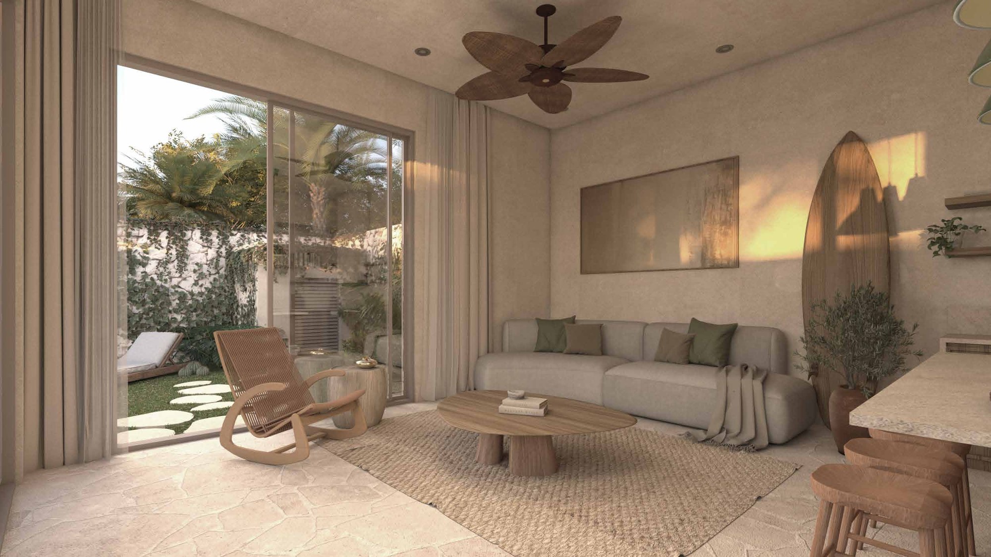 Project interior design concept: an airy living room opening to the garden