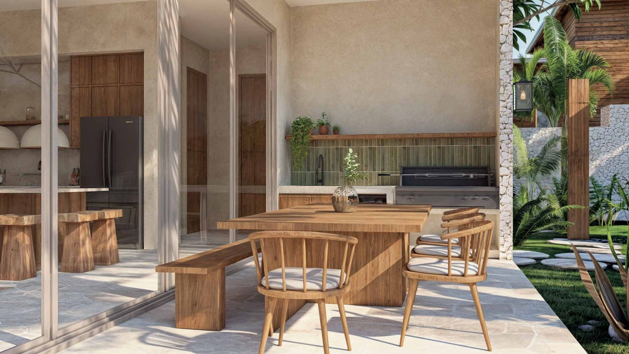 Project interior design concept: a covered dining terrace with a barbecue