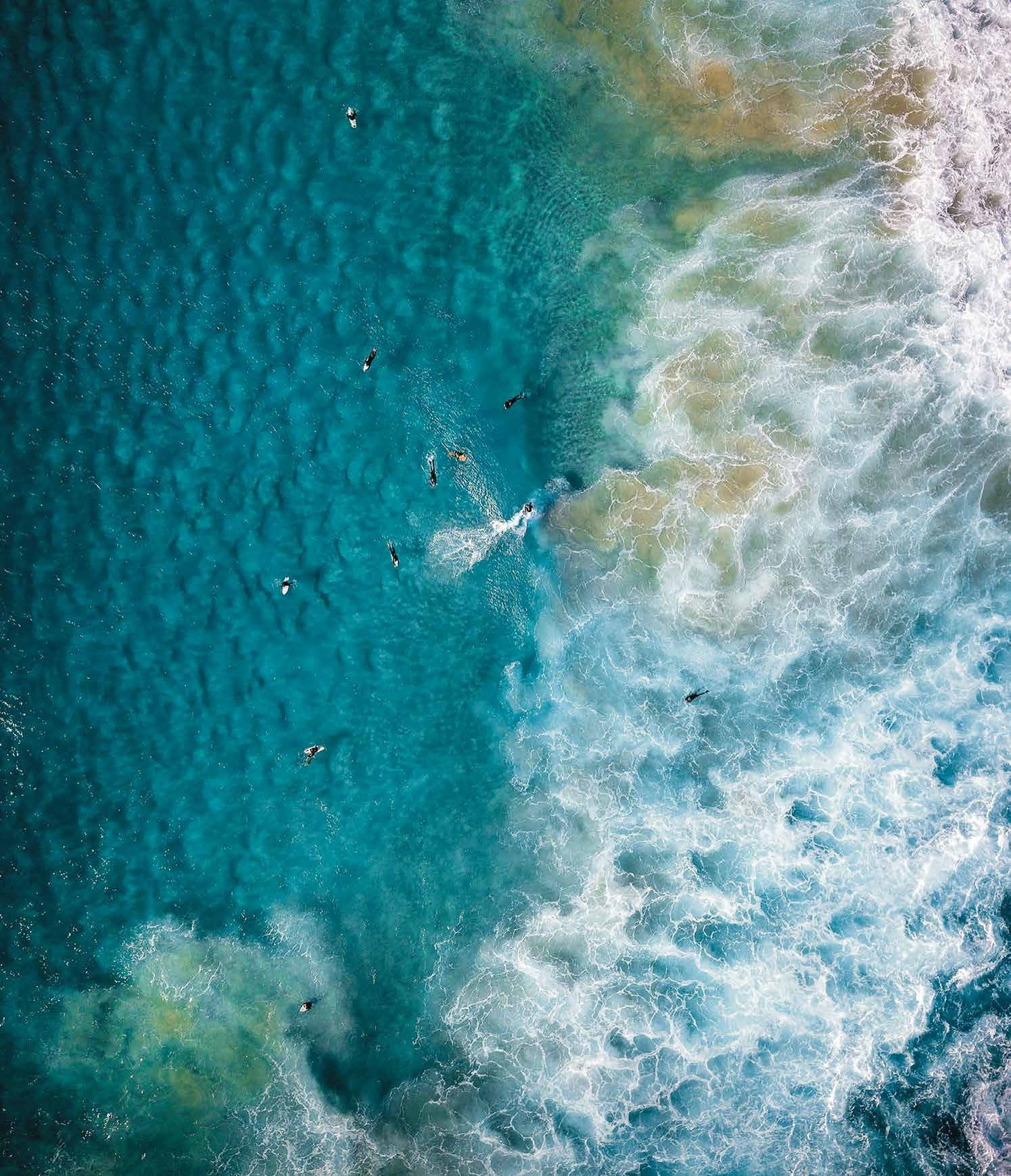 Surfers in turquoise water beside breaking waves, photographed from above